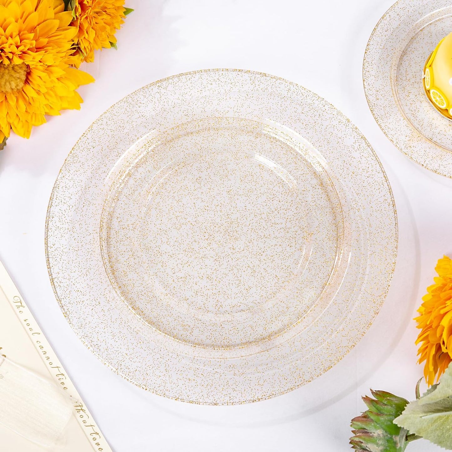 WDF 200PCS Gold Plastic Plates - Gold Glitter Plastic Plates - Heavy Duty Gold Glitter Disposable Plates - Include 100 Dinner Plates 10" and 100 Dessert Plate 7" for Thanksgiving Parties/Wedding