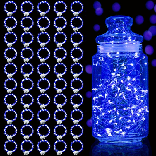 Aogist 50 Pack Fairy Lights 3 Modes 7ft 20 LED Waterproof,Battery Operated Silver Wire Firefly Starry Moon Mini String Lights for Mason Jars Christmas DIY Crafts Wedding Party Bedroom,Blue