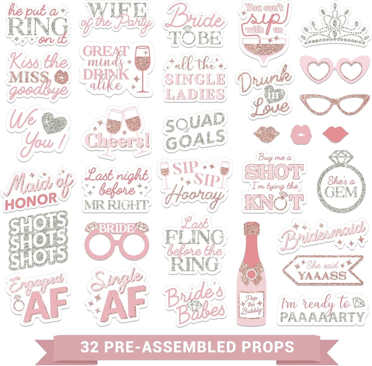 Fully Assembled Bachelorette Photo Booth Props - Set of 32 - Rose Gold, Pink, & Silver Signs, Wedding Bridal Shower Bachelorette Party Supplies & Decorations with Real Glitter - Did We Mention No DIY