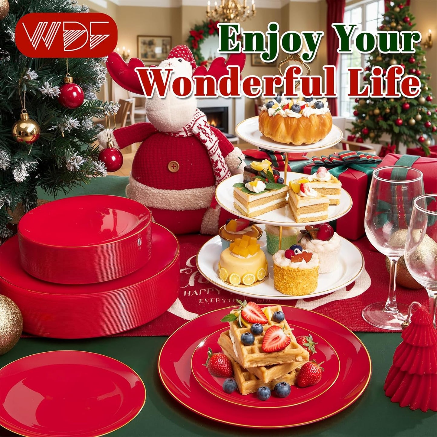 WDF 150Pcs Red Plastic Plates - Red Plates Disposable - 25Guest Christmas Dinnerware Include 25 Dinner Plate, 25 Dessert Plate, 75 Cutlery & 25 9oz Cups for Christmas & Parties