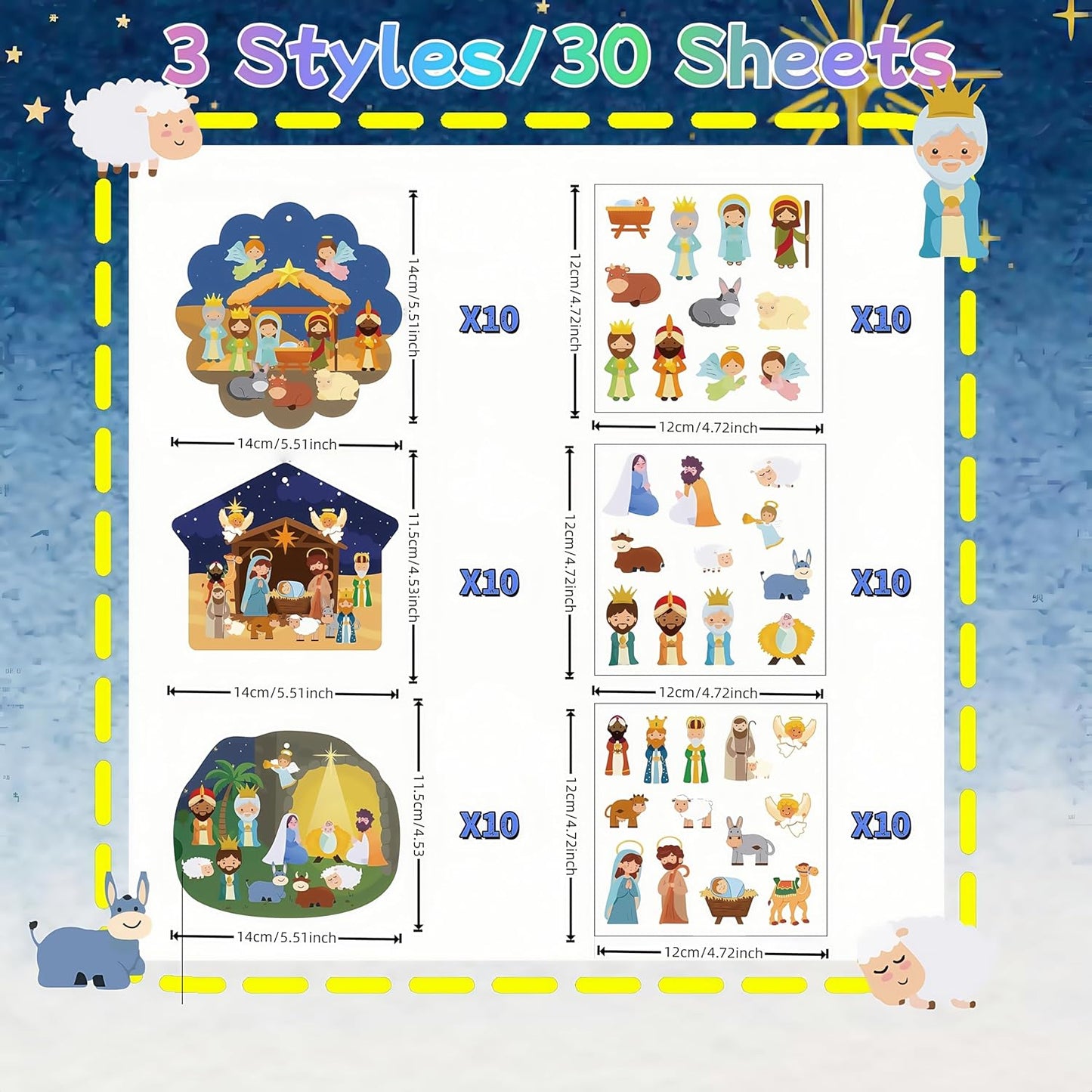 30 Sets Nativity Sticker Set for Kids Make a Nativity Sticker Scene, Religious Christmas Crafts Gifts, Christmas Hanging Decorations for Kids Sunday School Classroom, Christian Party Games Activities