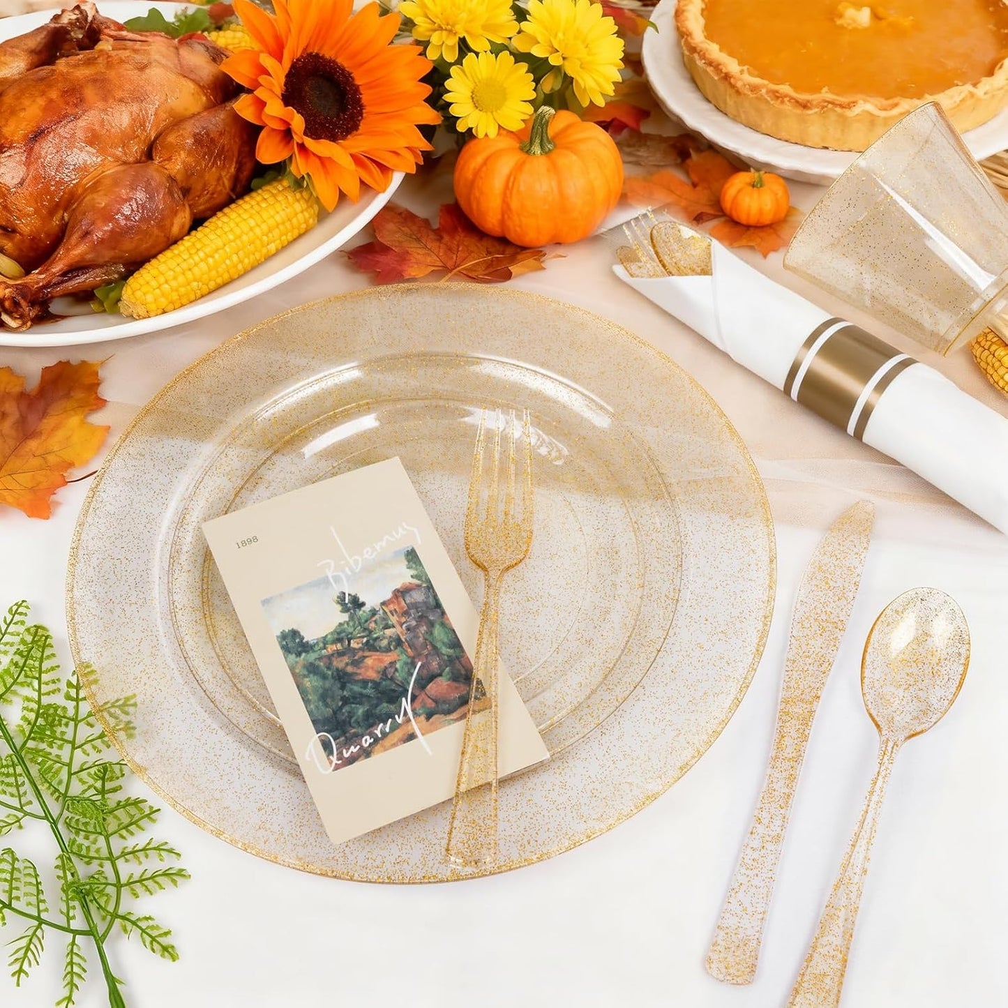 WELLIFE 210Pcs Gold Glitter Dinnerware Set, Gold Glitter Disposable Dinnerware for 30 Guests, Include: 30Dinner Plates, 30Dessert Plates, 90Gold Glitter Silverware, 30 Cups, 30 Paper Napkins