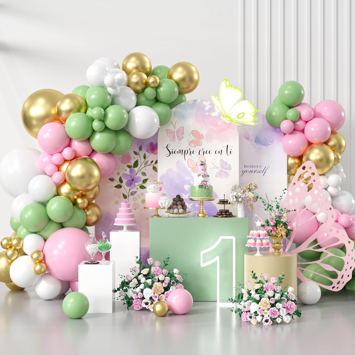 Pink and Green Balloon Arch Kit, Sage Green and Pink Balloons with 18/12/10/5 inch Macaron Pink Green White Gold Latex Balloon for Birthday Baby Shower Girl Wedding Woodland Jungle Party Decorations