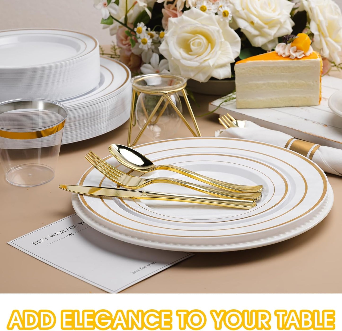 350 PCS White and Gold Plastic Dinnerware Set for 50 Guests, 100 Thanksgiving Disposable Plates for Party, 50 Pre Rolled Napkins with Gold Silverware, 50 Cups
