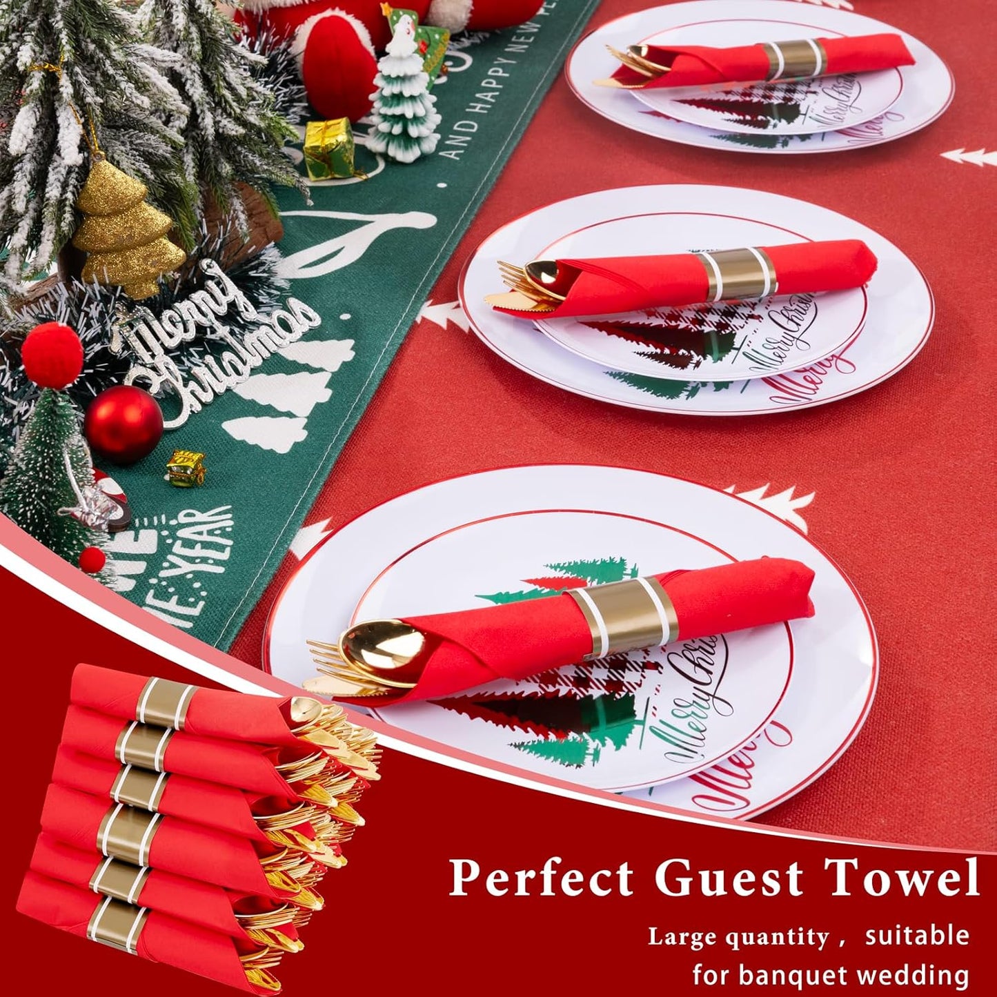 Supernal 30 Pack Gold Plastic Silverware with Red Napkins,Gold Silverware Disposable,Wrapped Plastic Cutlery Set with Napkin,Pre Rolled Silverware Set Disposable,Christmas Cutlery Suitable for Holiday