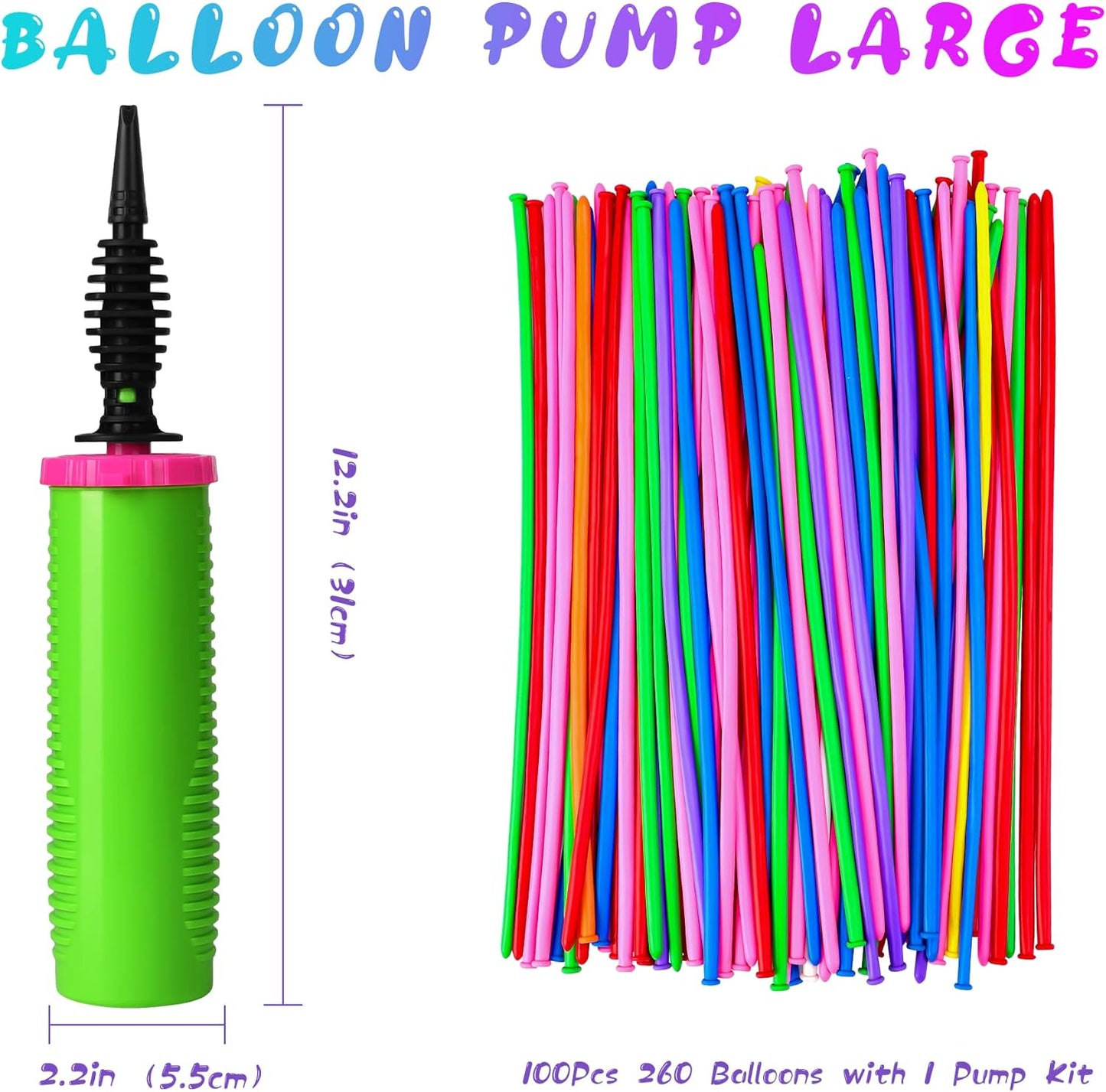 100Pcs 260 Balloons qualatex with 1 Hand Balloon Pump Kit, Professional Premium Quality Twisting Magic Long Balloons Assorted Color to Make Animal for Birthday Party Clowns Wedding Decorations