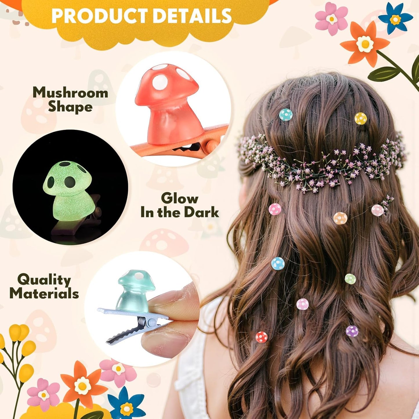 30 Pcs Mini Glow Hair Clips Girls Rave Hair Clips for Women Christmas Music Festival Holiday Party Supplies (Classic Mushroom)