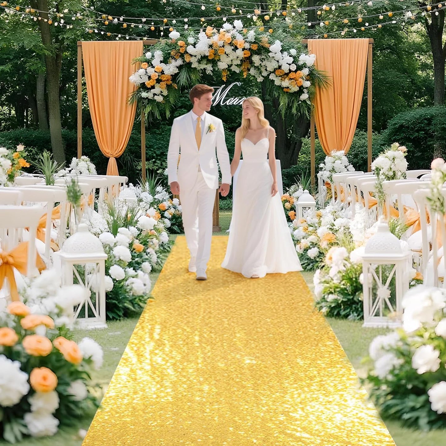 PartyDelight Wedding Aisle Runner for Ceremony Gold 4FTx15FT Sequin Carpet Sparkly Rug for Indoor Outdoor Weddings Engagement Decoration
