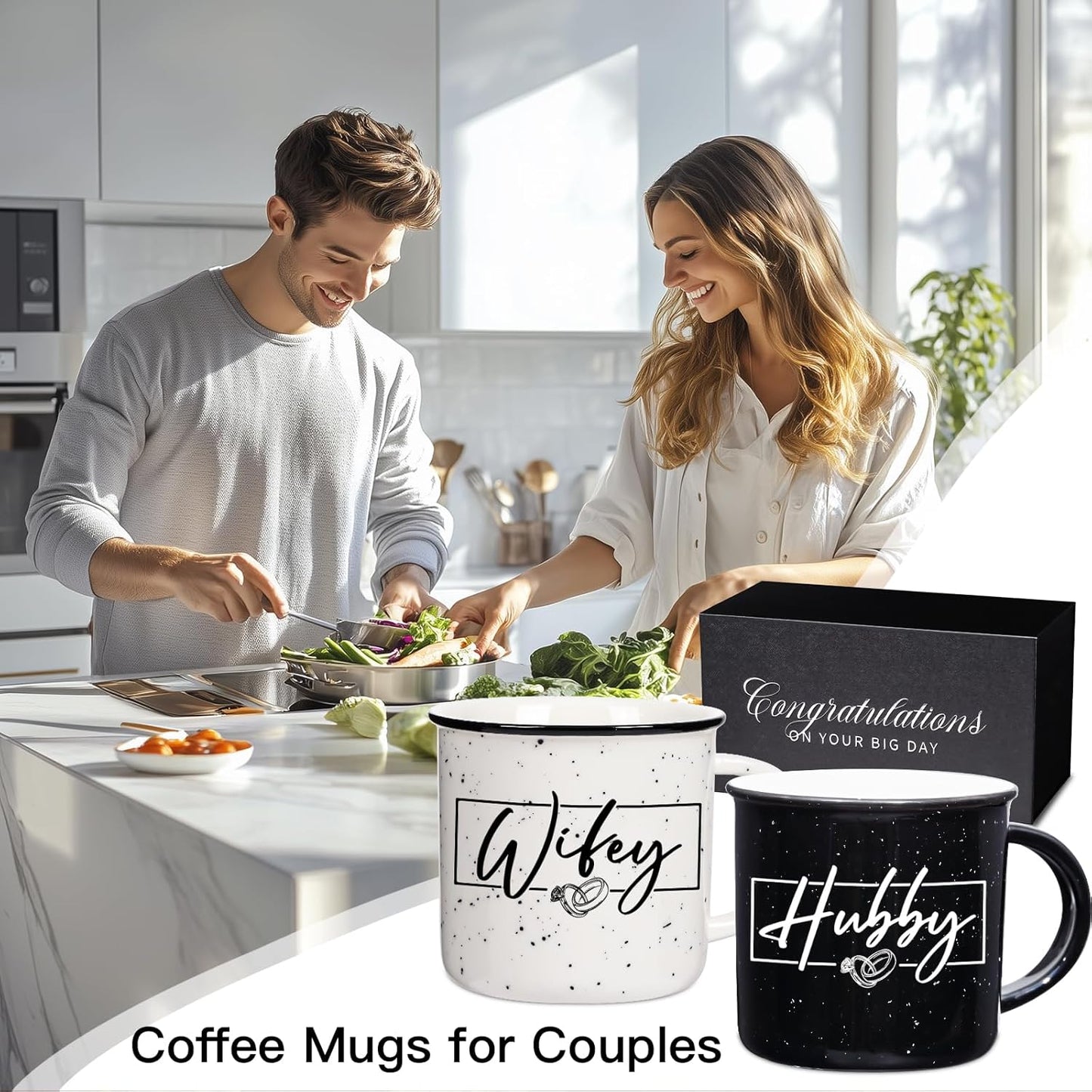 Wifey Hubby Mugs Set of 2 Coffee Mug 11 Ounce, Wedding and Bridal Shower Gift, Mr and Mrs Mug, Hubby and Wifey Box, Couples Gift for Bride and Groom, Thanksgiving and Christmas Gifts