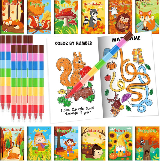 BenLouis 24 Fall Mini Activity Books with 24 Crayons for Kids ages 4-8-16 Autumn Party Favors Bulk Different Brain Game for Classroom Travel Craft Activities Thanksgiving Goodie Bag Gift Stuffer