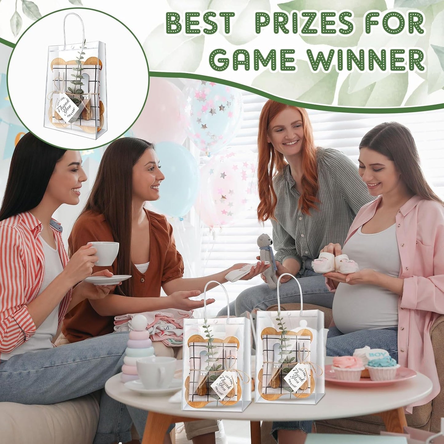 43 Pcs Baby Shower Game Prizes for Winners 6 Sets Baby Shower Prizes Wedding Bridal Favor with Bamboo Bear Shape Cheese Board Oak Cutlery Placemats Artificial Eucalyptus Stems Tags Bags