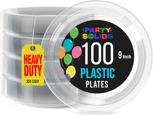 Exquisite Party Solids Clear Plastic Plates For Party 9" Clear Disposable Plates Heavy Duty 100 Pcs Plastic Dinnerware Sets Heavy Duty 350 GSM Disposable Dinnerware Set