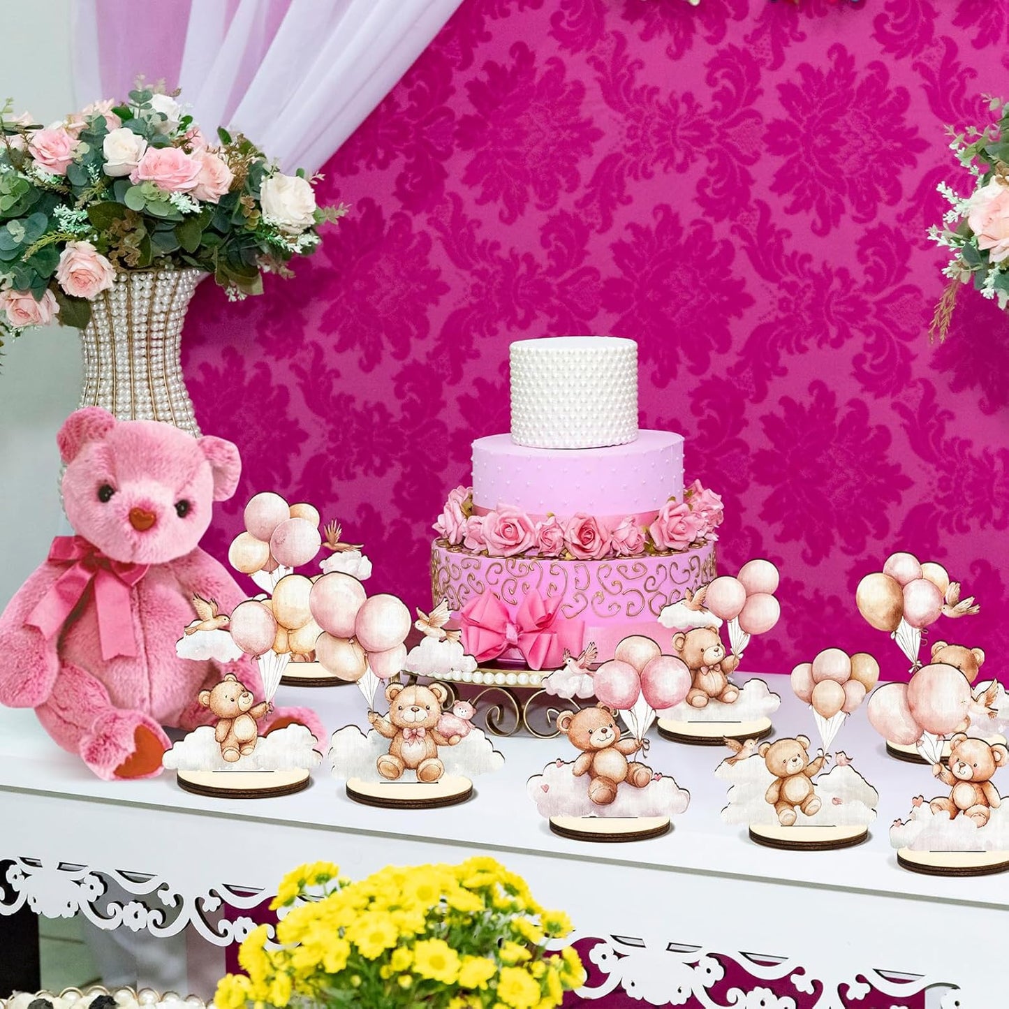 16 Pcs Wooden Baby Shower Table Centerpiece Pink Bear Tabletop Detachable Sign It's A Girl Gender Reveal Table Toppers Display Decoration Bear Birthday Photo Props Party Favor Supplies