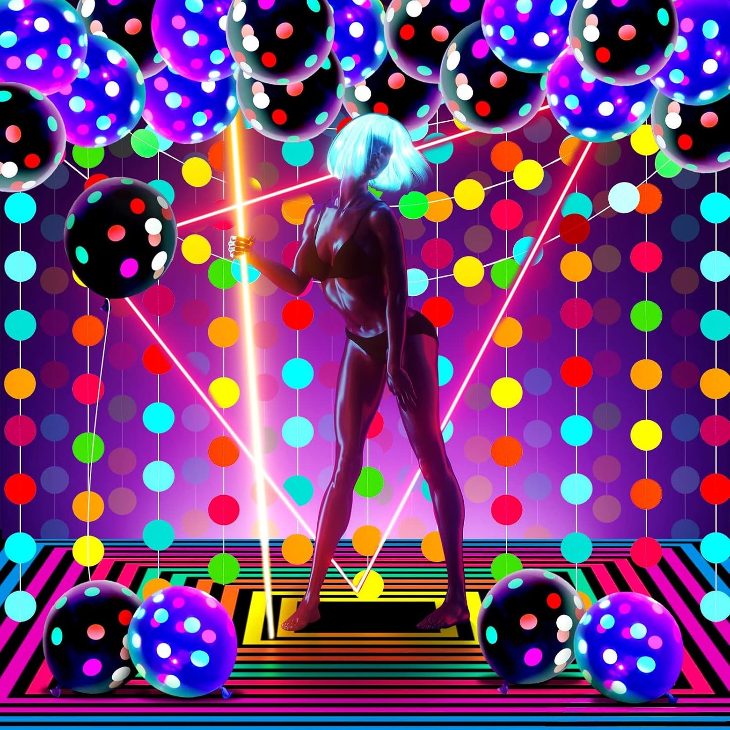 32 Pcs Glow in The Dark Party Supplies Christmas Neon Party Favors with 25 Fluorescent Balloon 6 Rolls 98.4 ft UV Blacklight Luminous Tape 14.4 ft Neon Streamer Garland for Adults(Bright Big Dot)