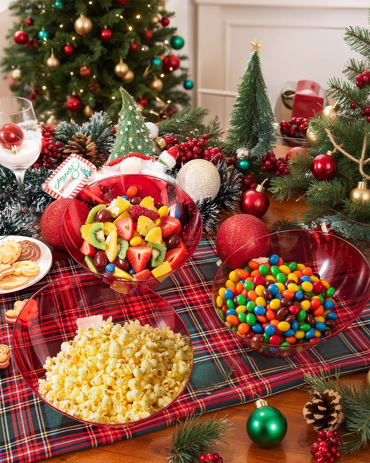 bUCLA 12 Pack Clear Red Plastic Serving Bowls - 54 OZ Christmas Angled Serving Bowls Disposable for Chip, Candy, Salad & Fruit - Ideal for X’mas Party