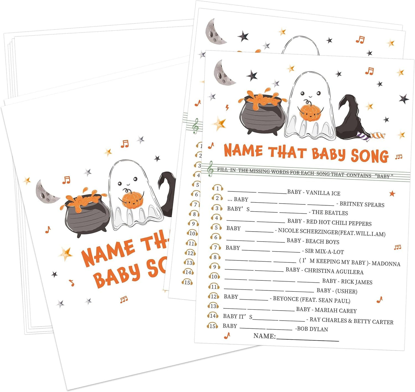 Name That Baby Song Halloween Baby Shower Game, 30 Halloween Gender Reveal Games for Guests (Included Answer Card) 5x7 inch, Perfect for Neutral Gender Reveal Decorations Party Favors Supplies