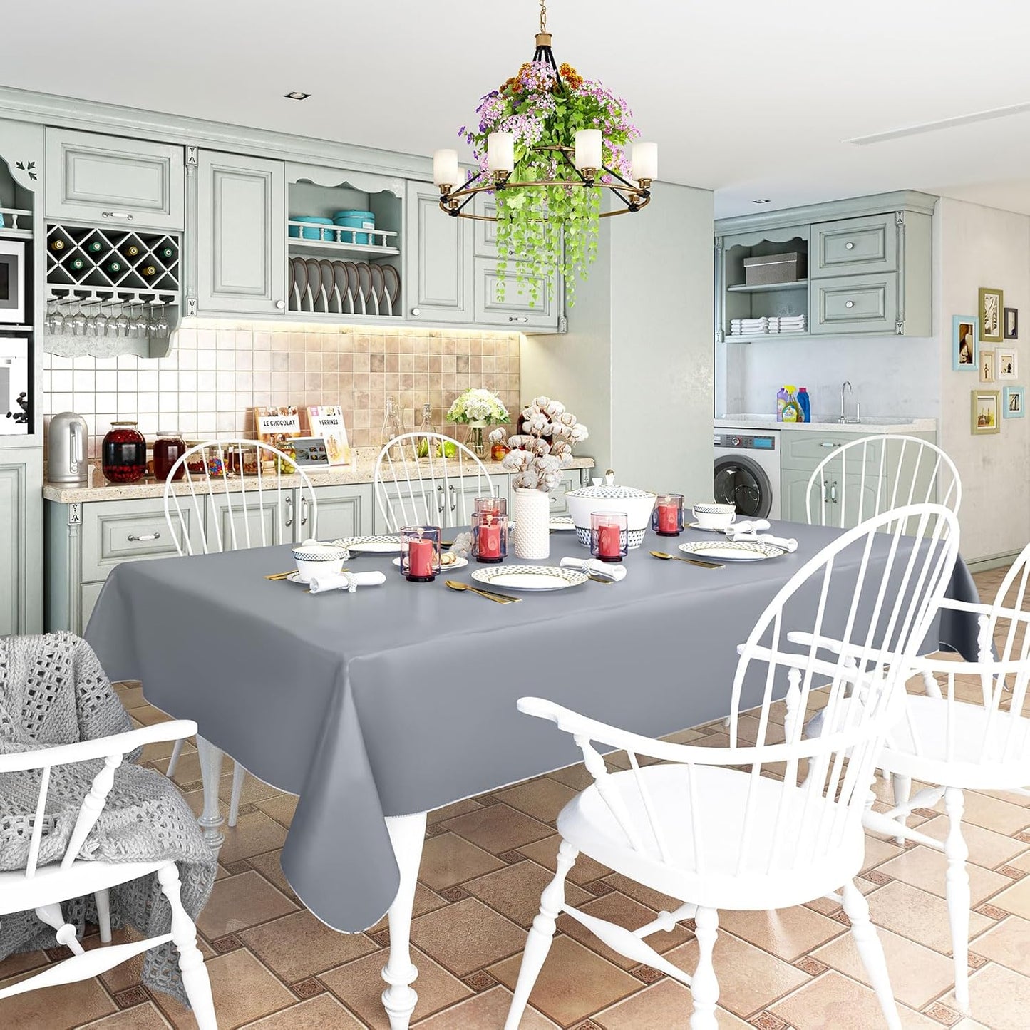 homing 2 Pack Rectangle Vinyl Tablecloth, Waterproof Spillproof Plastic Flannel Backed Table Cloth, Wipe Clean Table Cover for Dining, Buffet Parties and Camping (Grey, 60" x 102")