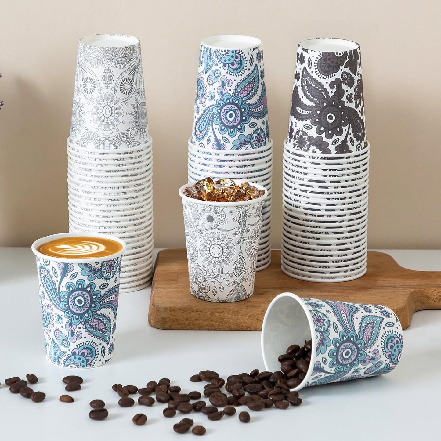 [300 Pack 8 OZ Paper Cups, Disposable Coffee Cups 8 oz Hot/Cold Colourful Beverage Drinking Cups for Office Party Home Picnic (Paisley)