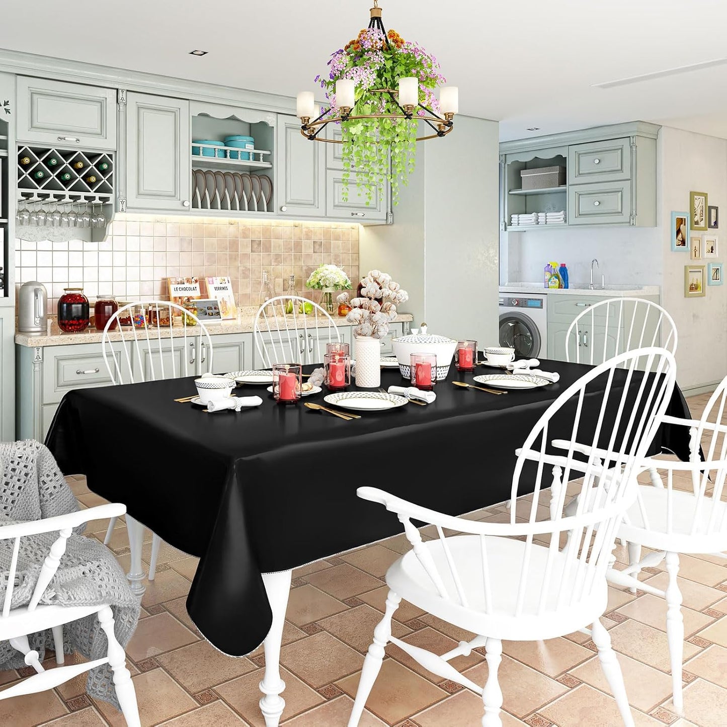 homing 2 Pack Rectangle Vinyl Tablecloth, Waterproof Spillproof Plastic Flannel Backed Table Cloth, Wipe Clean Table Cover for Dining, Buffet Parties and Camping (Black, 60" x 84")