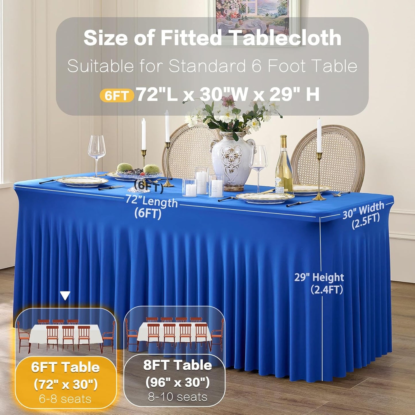 4 Pack Spandex Royal Blue Tablecloths for 6 Foot Rectangle Tables, Wrinkle Free Fitted Table Cloths 6ft Stretchy Table Clothes for Parties Weddings Birthday Banquet Baby Shower