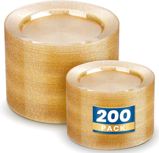 WDF 200PCS Gold Plastic Plates - Gold Glitter Plastic Plates - Heavy Duty Gold Glitter Disposable Plates - Include 100 Dinner Plates 10" and 100 Dessert Plate 7" for Thanksgiving Parties/Wedding