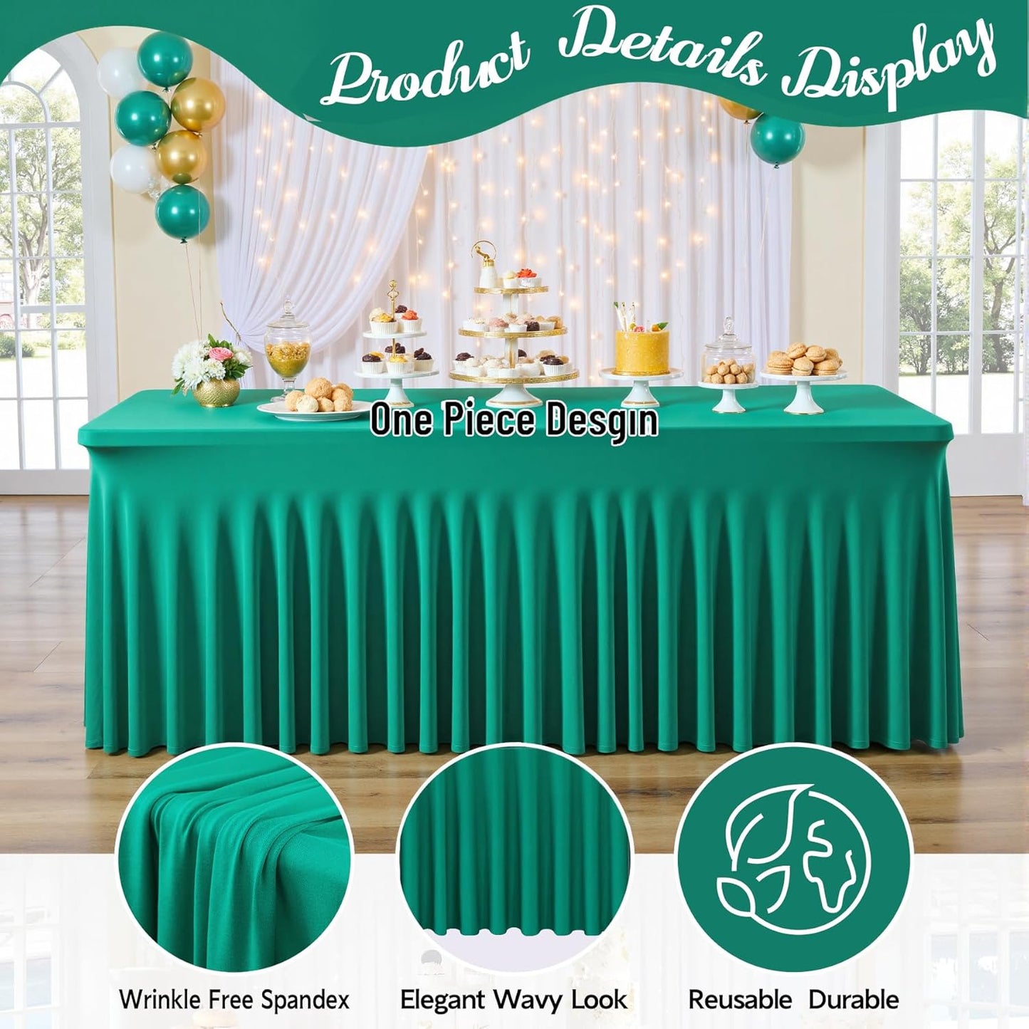 Emerald Spandex Table Clothes for 6 Foot Rectangle Tables, 2 Pack Wrinkle Free Rectangle Table Cloth 6ft Stretch Fitted Tablecloths with Skirt for Parties Weddings Birthday Banquet Baby Shower