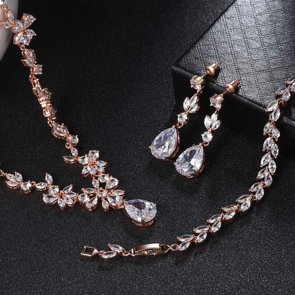 Hadskiss Jewelry Set for Women, Necklace Dangle Earrings Bracelet Set with White AAA Cubic Zirconia, Allergy Free Wedding Party Jewelry for Bridal Bridesmaid