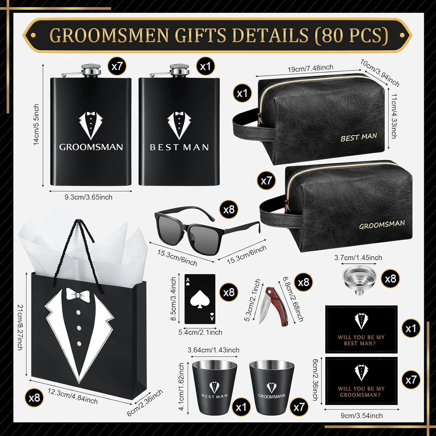 80Pcs Groomsmen Gifts Groomsmen Proposal Box with Flasks Sunglasses PU Leather Toiletry Bag Bottle Opener for Wedding Groomsman Best Man Gift (80, Black)