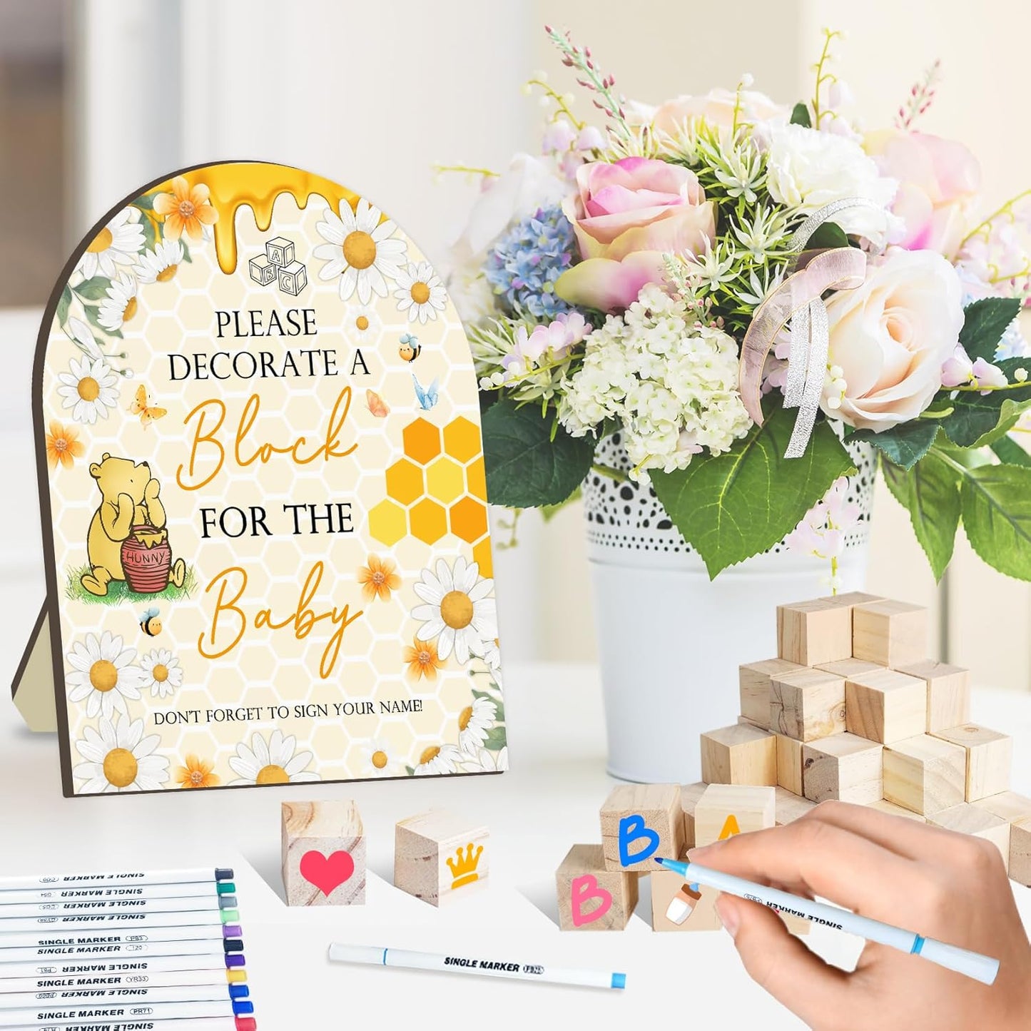 Winnie Baby Shower Games Kit,The Pooh Baby Shower Decor, Winnie Babies Games with 50 Blank Wooden Blocks, 24 Acrylic Paint Marker and Wooden Sign, The Pooh Babies Game Sign for Boys Girls