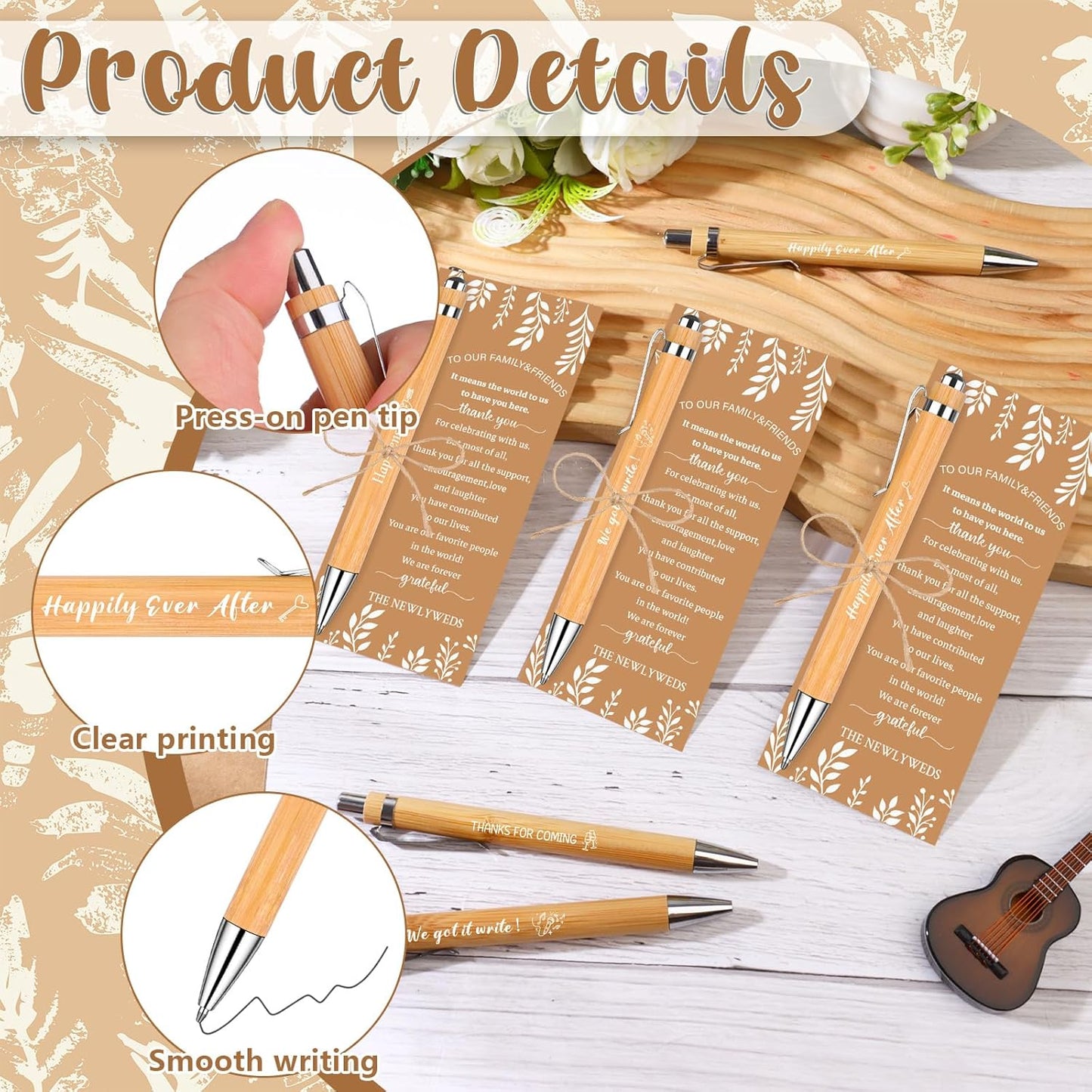 50 Sets Wedding Party Favors for Guests Bulk-50 Bridal Shower Gifts Bamboo Ballpoint Pens 50 Wedding Thank You Cards with Hemp Rope Recuerdos Para Boda Keepsakes Souvenirs
