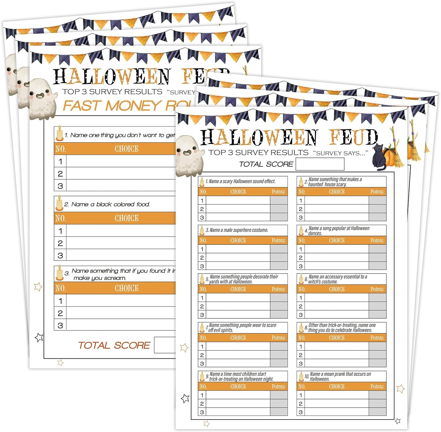 Halloween Feud Game Set, Friendly Feud Quiz, Baby Shower Game, Halloween Party Activity, Family Games for Adults (30 Halloween Feud Cards + 3 Fast Money Round Cards) Halloween Party Decorations-P001