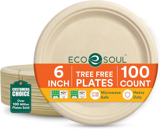 ECO SOUL Compostable Paper Plates 6 Inch (100 Count) Heavy Duty Disposable Dessert Plates, Eco-Friendly Sugarcane Bagasse Small Plates For Appetizer- Natural Brown