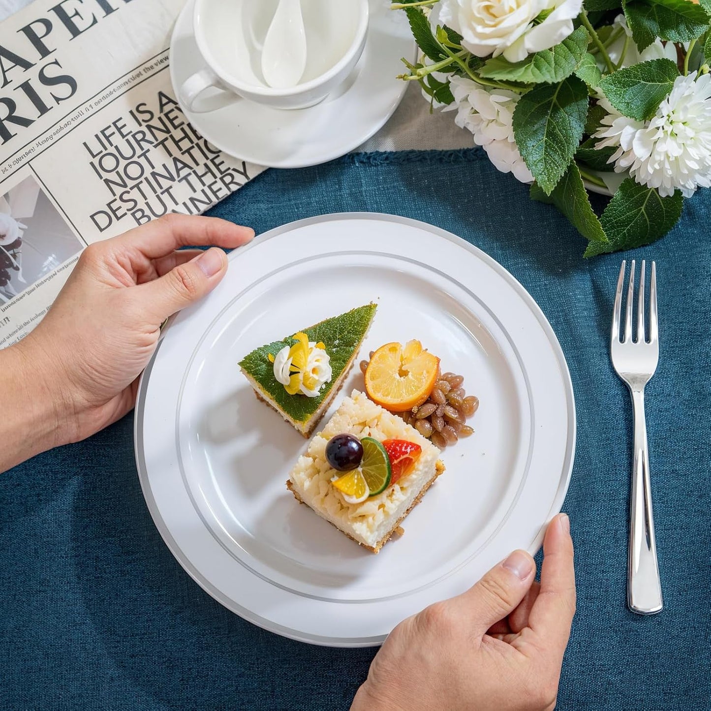 NOCCUR 200PCS Silver Plastic Plates Disposable for 100 Guests - Include 100 Dinner / 100 Dessert Plates Heavy Duty - Ideal for Party, Wedding, Christmas