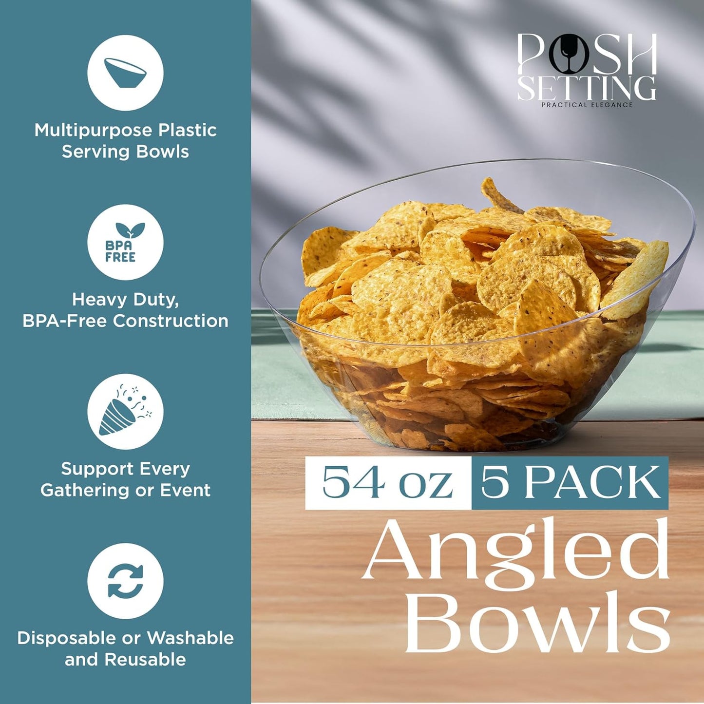 Posh Setting - Clear Plastic Serving Bowls for Party Angled Bowls Disposable Chip Bowls Candy Bowls for Party Table Salad and Fruit Bowls for Party Wedding Serving Bowls-Clear, 54 OZ, 5 Pack
