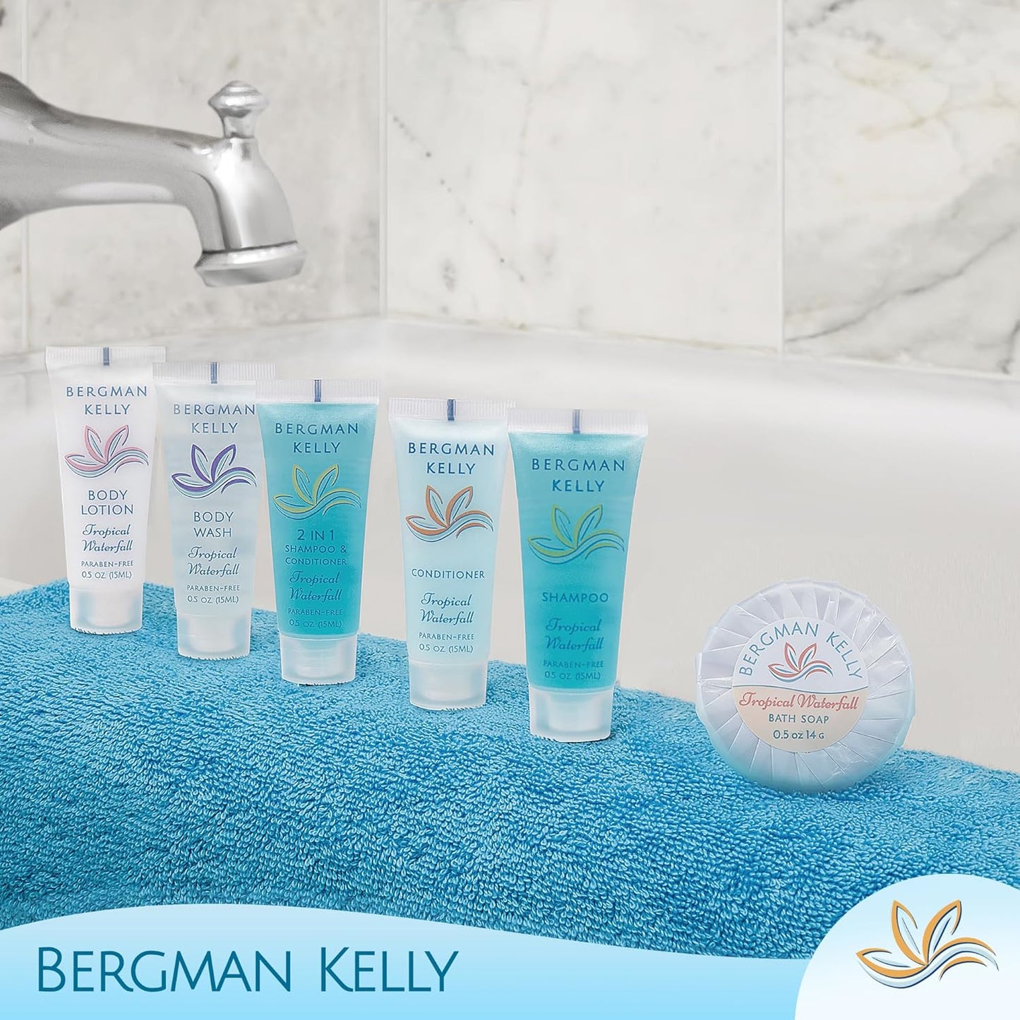 BERGMAN KELLY - Hotel Soap Bars in Bulk - Tropical Waterfall, 0.5 oz, 200 PK - Small Individually Wrapped Round Soap - Travel Size Mini Toiletries for Airbnb, Motel, Guest Bathroom