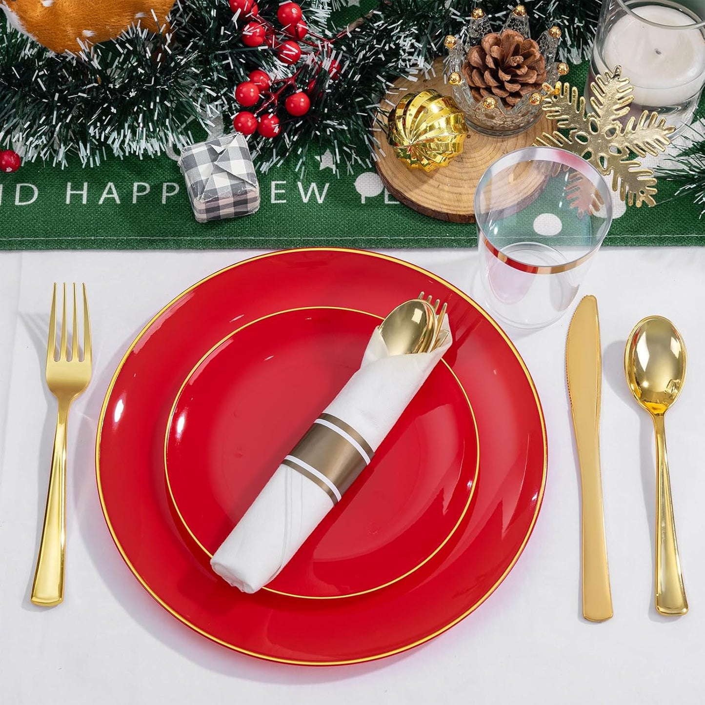 KIRE 350PCS Red Plastic Plates - Heavy Duty Red Plates Disposable - 50Guest Christmas Dinnerware Include 50Dinner Plate,50Dessert Plate,50Pre Rolled Napkins with Silverware for Christmas&Party