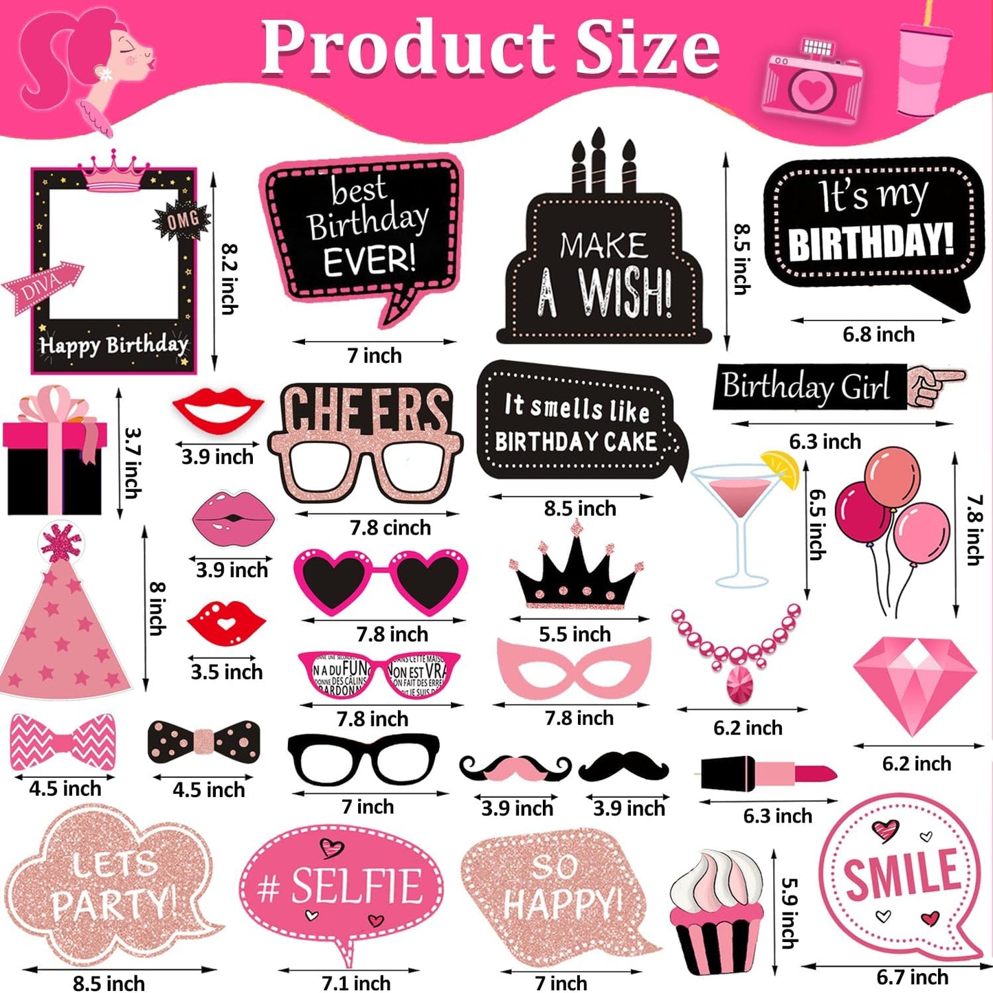 31pcs Hot Pink Girls Birthday Photo Booth Props Party Favors Supplies Bday Party Decoration Set for Bachelorette Party Decoration Girls Birthday Bridal Shower Pink Party Supplies
