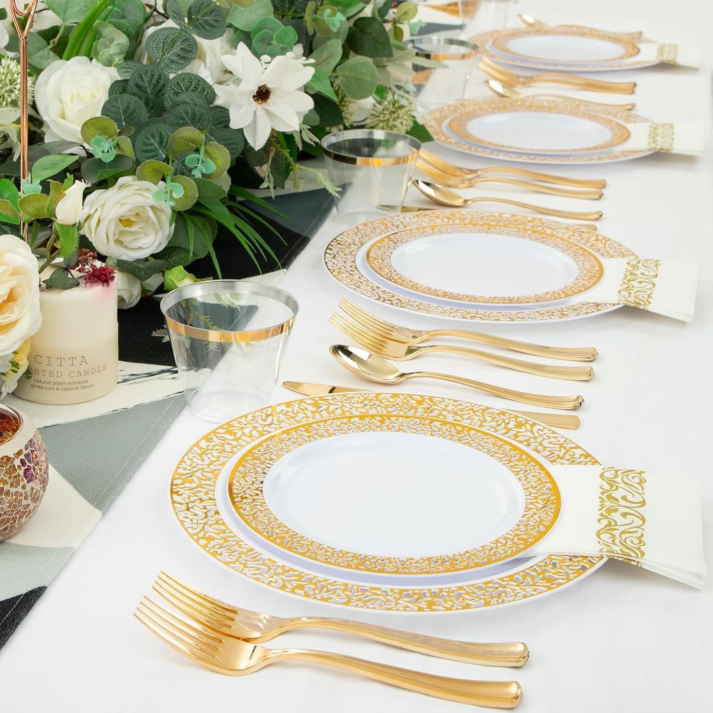 WELLIFE 210Pcs Gold Plastic Dinnerware - Disposable Silverware and Cups, Include:30 Dinner Plates, 30 Dessert Plates, 30 Paper Napkins, 30 Cups, 30 Gold Plastic Cutlery Set for Party, Wedding