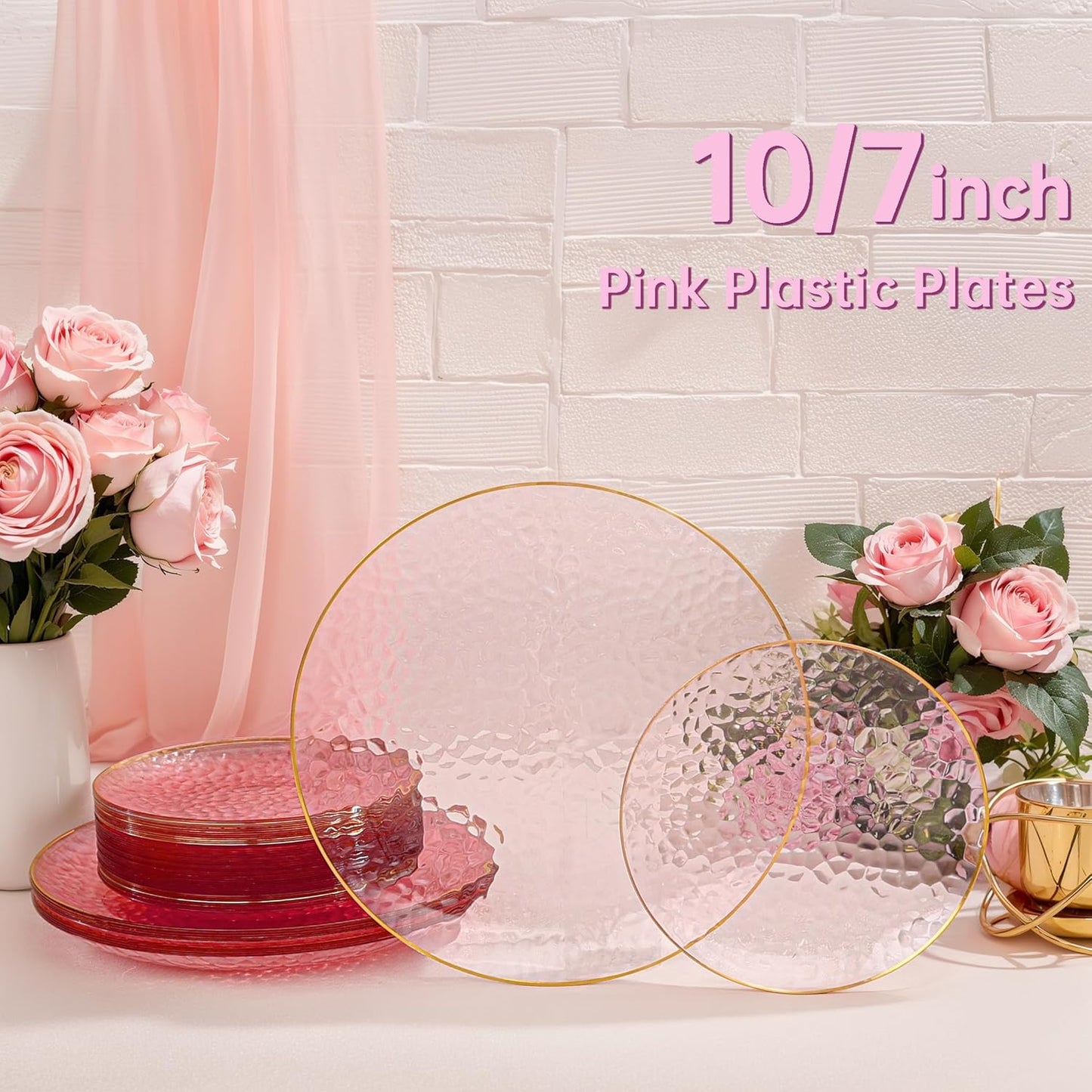 SUT 36Pcs Pink Plastic Plates, Hammered Plates Disposable Heavy Duty, Pink Disposable Plates With Gold Rim, Fancy Plastic plates Include 18 Dinner and 18 Dessert plates for Wedding