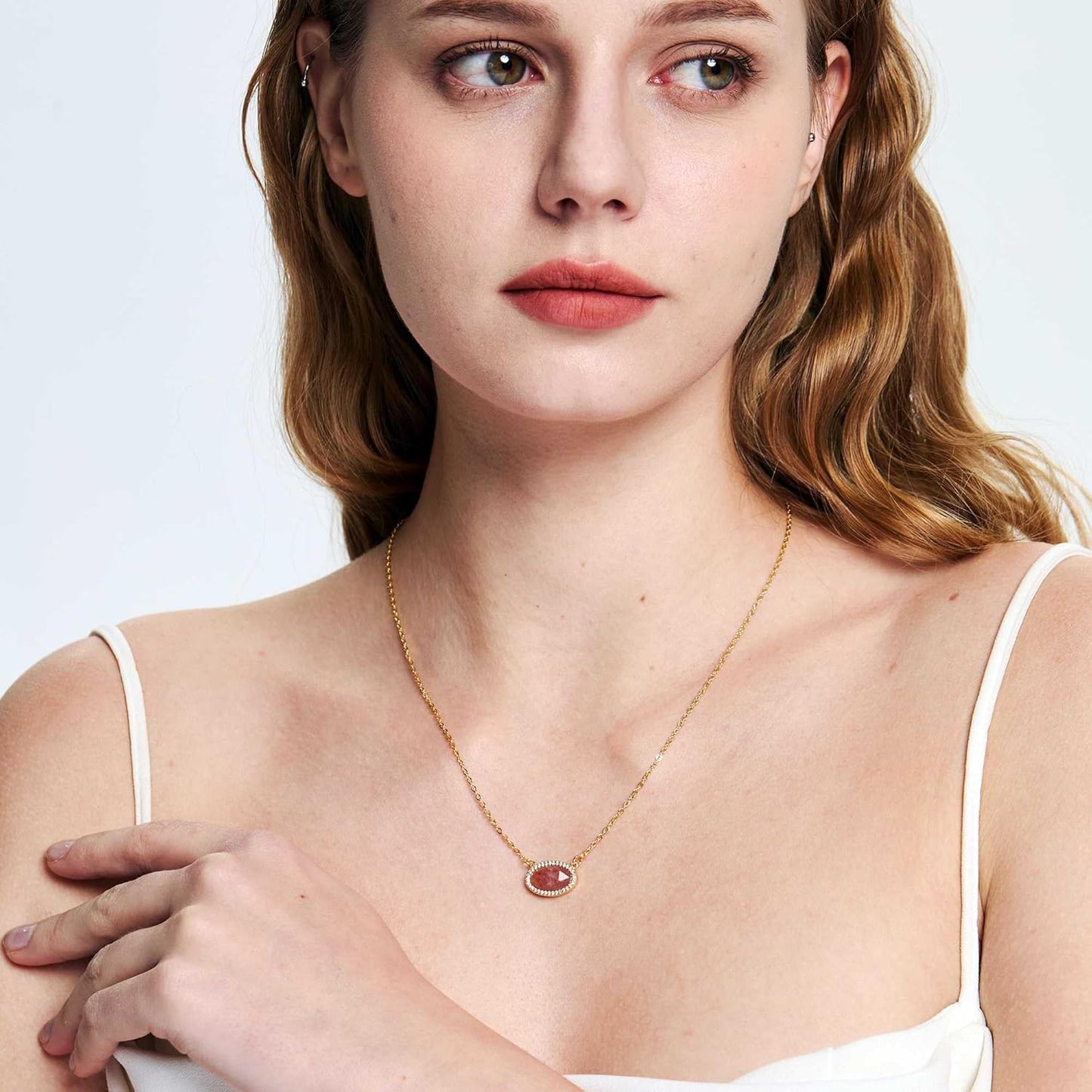 14K Gold Plated Pendant Necklace for Women Oval Cut Gemstone Crystal Pendant Necklaces Birthday Gifts for Women Mom Wife Friends