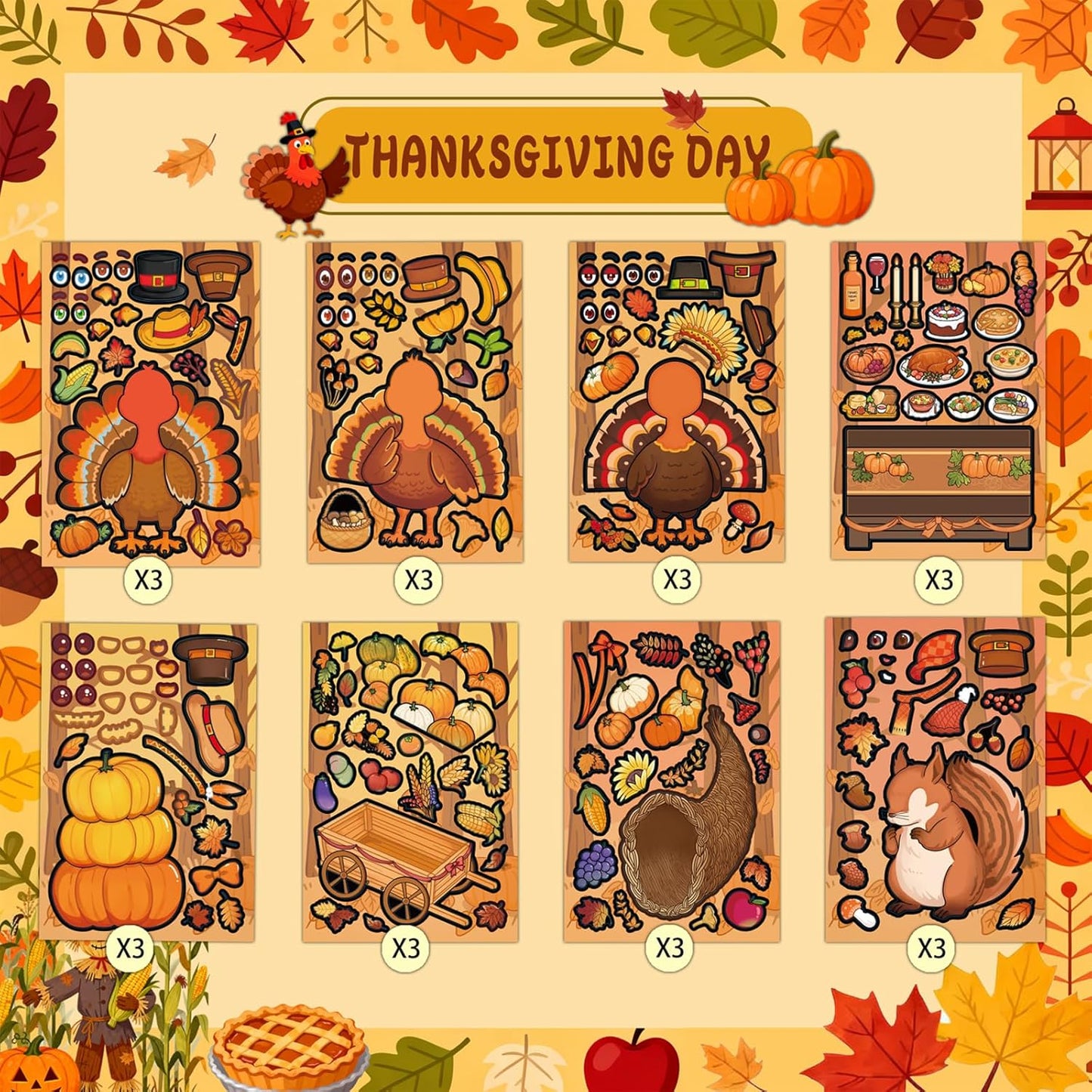 24 Sheets Thanksgiving Stickers, Make a Turkey Face Stickers for Kids Make Your Own Turkey Sticker, Fall & Harvest Sticker for Thanksgiving Party Games Favors Supplies