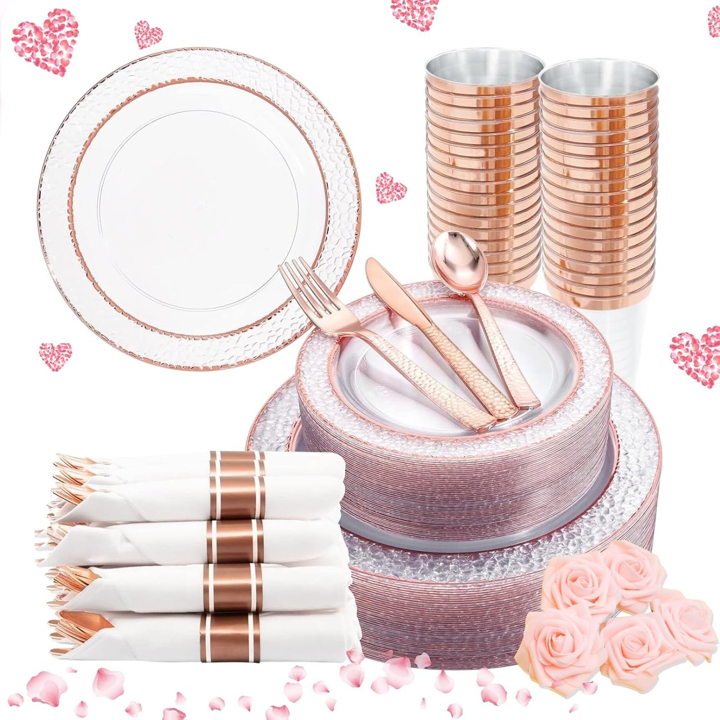 Liacere 350PCS Rose Gold Plastic Plates-Clear Rose Disposable Plates 50 Guests include 50 Dinner Plates,50 Salad Plates,50 Forks,50 Knives,50 Spoons,50 Cups,50 Napkins for Wedding&Party&Mother's Day