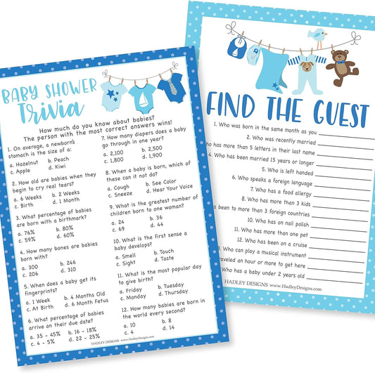 Hadley Designs Hilarious Baby Shower Games for Boys 25 Double-Sided Cards for 25 Guests, 2 Games, Baby Trivia, Find The Guest, USA-Made (Blue)