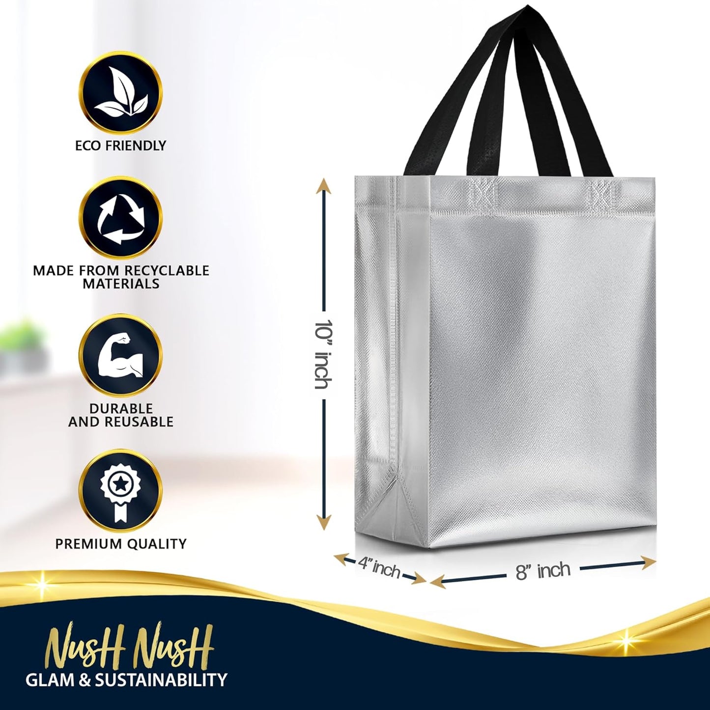 Nush Nush Silver Gift Bags Bulk Medium Size - Set of 30 Reusable Gift Bags with Handles - Bulk Goodie Bag for Birthday Party, Christmas, Thanksgiving, Wedding, Bridal Shower, Return Gifts - 8X4X10