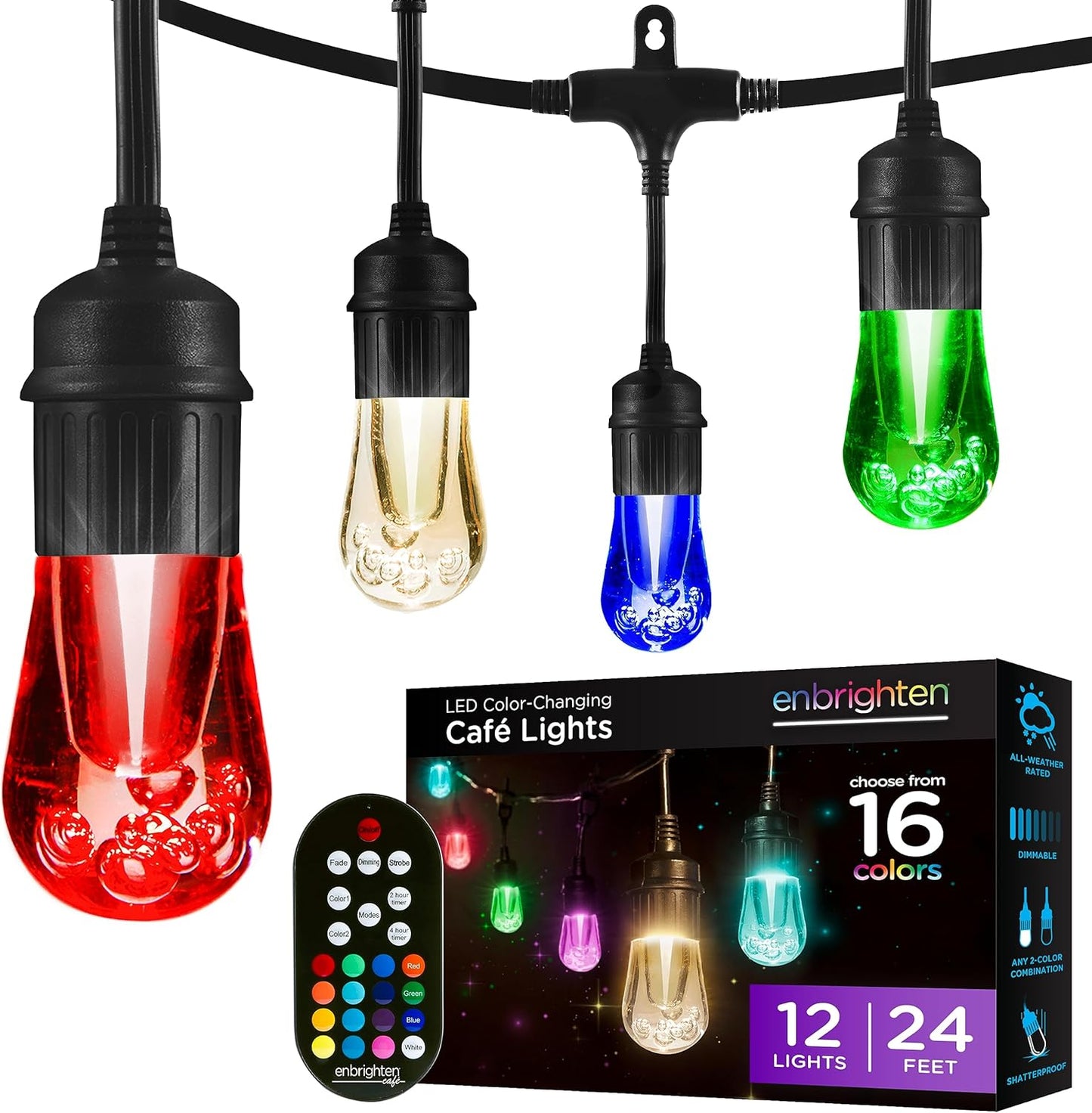 Enbrighten Vintage Outdoor String Lights, 24ft, 12 RGB Acrylic Bulbs, Weatherproof, RF Remote Control, Perfect for Holidays, Gameday, Parties, and More, 37791