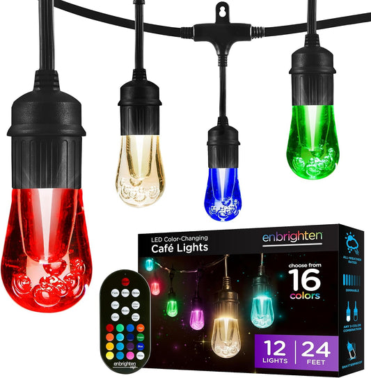 Enbrighten Vintage Outdoor String Lights, 24ft, 12 RGB Acrylic Bulbs, Weatherproof, RF Remote Control, Perfect for Holidays, Gameday, Parties, and More, 37791