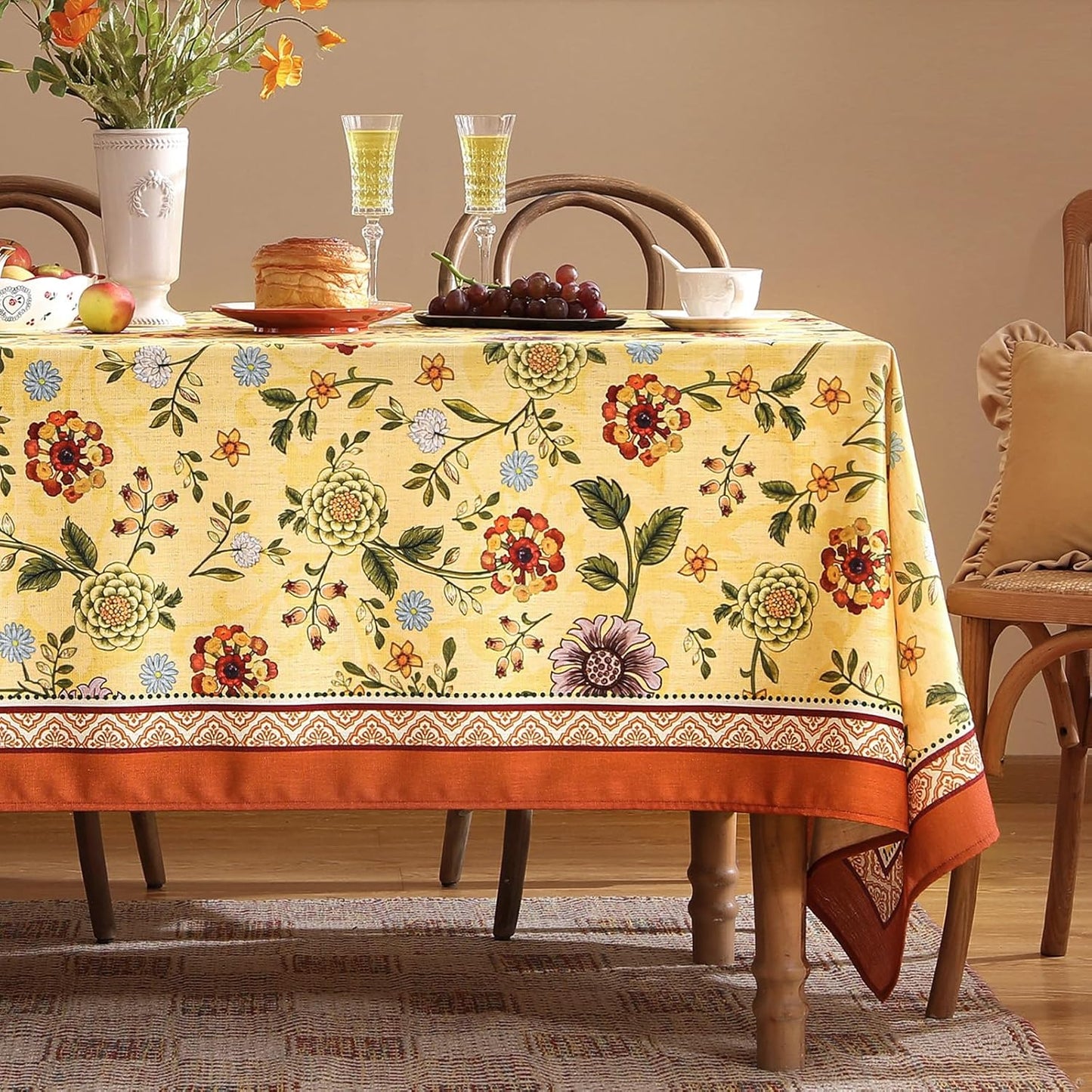 Vintage Linen Tablecloth for Rectangle Table,Yellow Floral French Wrinkle Free Tablecloths,Decorative Table Cover for Kitchen,Dining,Thanksgiving,Christmas,Party,63"*87"-Bellano
