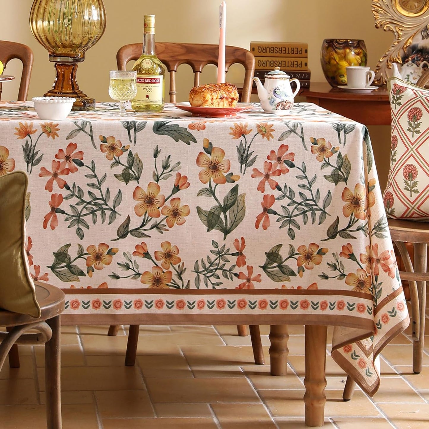 Designer Vintage Linen Rectangle Tablecloth,William Morris Block Print Soft and Durable Table Cloth,Decorative Table Cover for Kitchen,Dining,Thanksgiving,Christmas,63"*87"-Athea