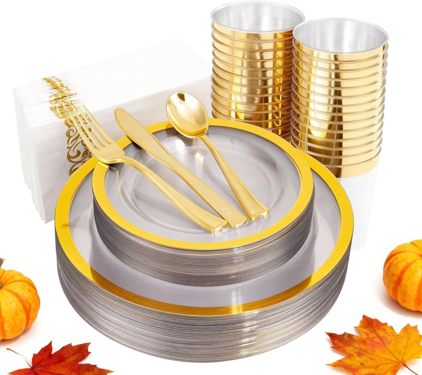 YOUBET 210PCS Thanksgiving Plastic Plates - Heavy Duty Clear Gold Disposable Plates Includes 30 Dinner Plate, 30 Dessert Plate, 30 Gold Cups, 30 Napkins for Thanksgiving Party & Wedding