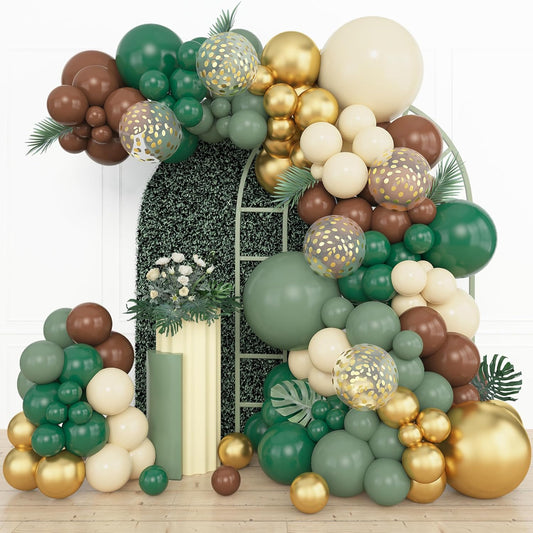 Amandir 153pcs Green Brown Balloon Garland Arch Kit, Different Sizes 18 12 10 5 inch Sage Green Ivory Gold Latex Metallic Confetti Balloon for Safari Jungle Wild One Woodland Tropical Party Decoration